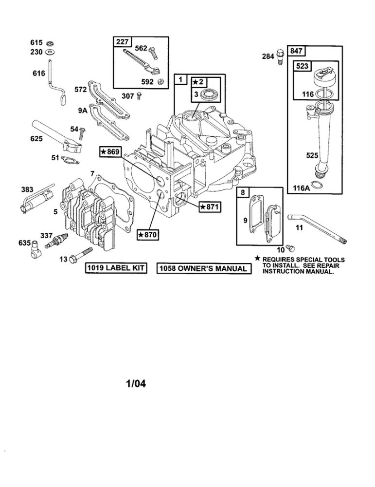 Cylinder/Head-Cylinder Diagram and Parts List for 12E800-12E899 0620-0653-0808 Briggs and Stratton Engine